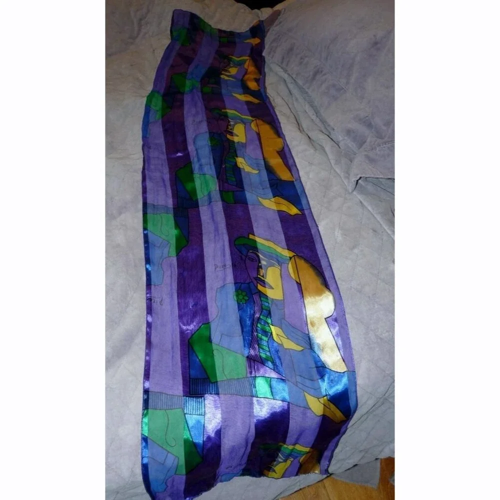 Long rectangle Picasso Cubist Scarf Portrait Purple Yellow sheer stripes 14